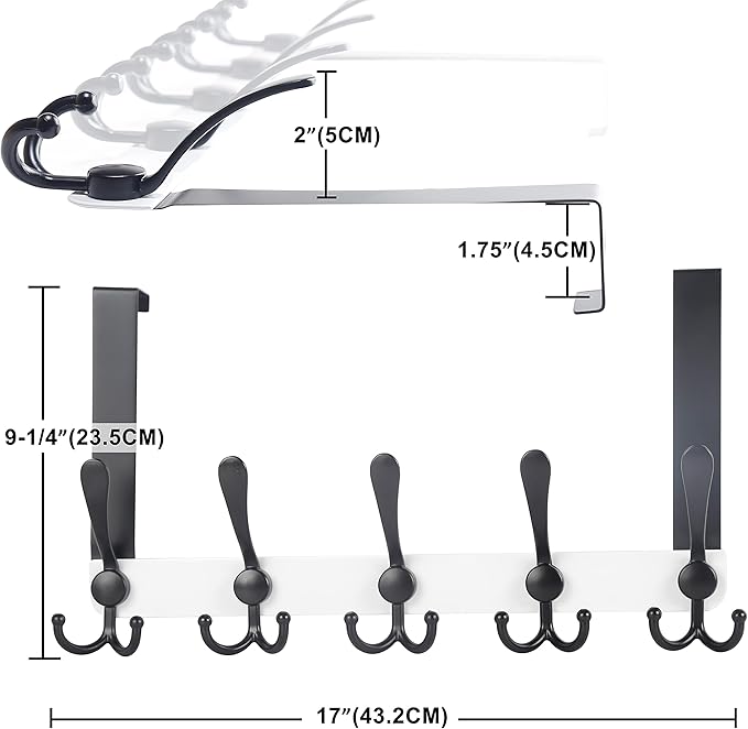Dseap Over The Door Hook Hanger - 5 Tri Hooks, Heavy Duty Over The Door Towel Rack Coat Rack for Clothes Hat Towel, White & Black, 2 Packs