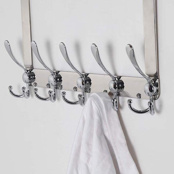 Dseap Over The Door Hook Hanger - 5 Tri Hooks, Heavy Duty Over The Door Towel Rack Coat Rack for Clothes Hat Towel, Chromed, 2 Packs