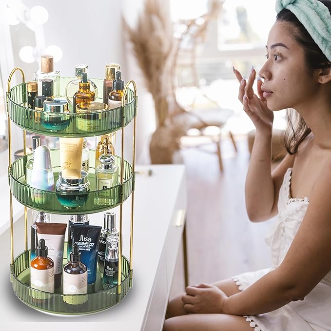 Rotating Makeup Organizer Countertop 3 Tier Lazy Susan Trays Clear Skincare Perfume Storage for Bathroom Counter Vanity, Green Gold-NeatNest