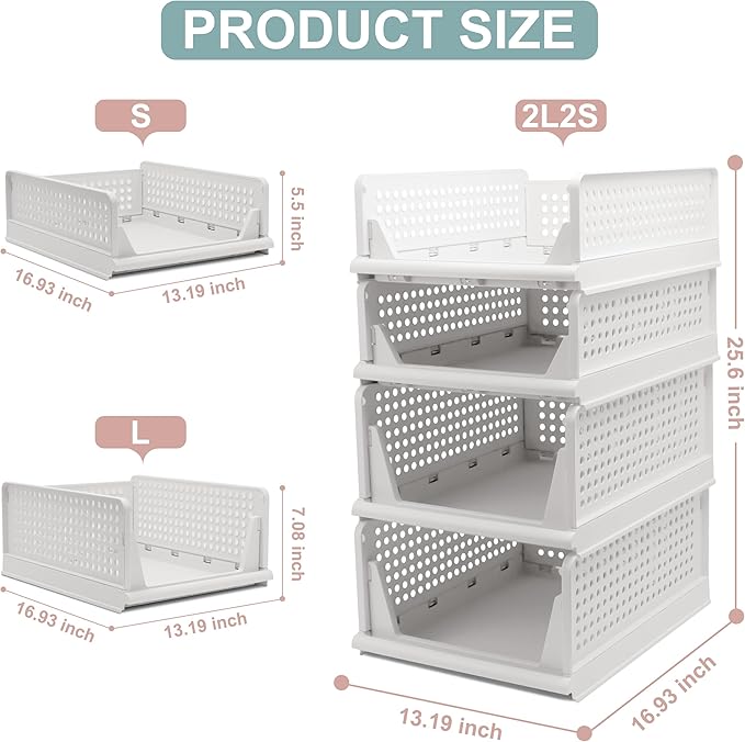 Stackable Foldable Storage Baskets, Folding Storage Bins, Closet Organizers and Plastic Drawer Shelf Storage Container for Wardrobe, Cupboard, Kitchen, Bathroom, Office (White, 2L2S)