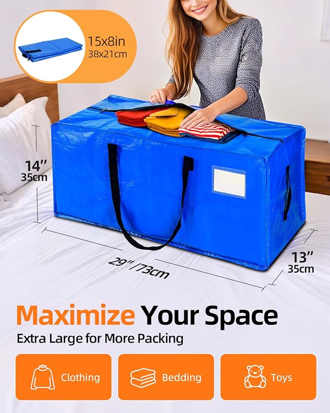 12 Pack Extra Large Moving Bags, Heavy Duty Packing Bags with Zippers and Handles for Space Saving, Clothes Storage, College Essentials, Travel, Blue
