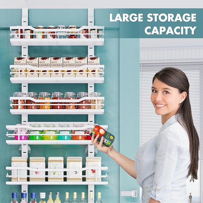 Over The Door Pantry Organizer,9-Tier Over The Door Organizer with Adjustable Basket,Metal Hanging Pantry Organizers and Storage for Kitchen, Back of Door Seasoning Rack