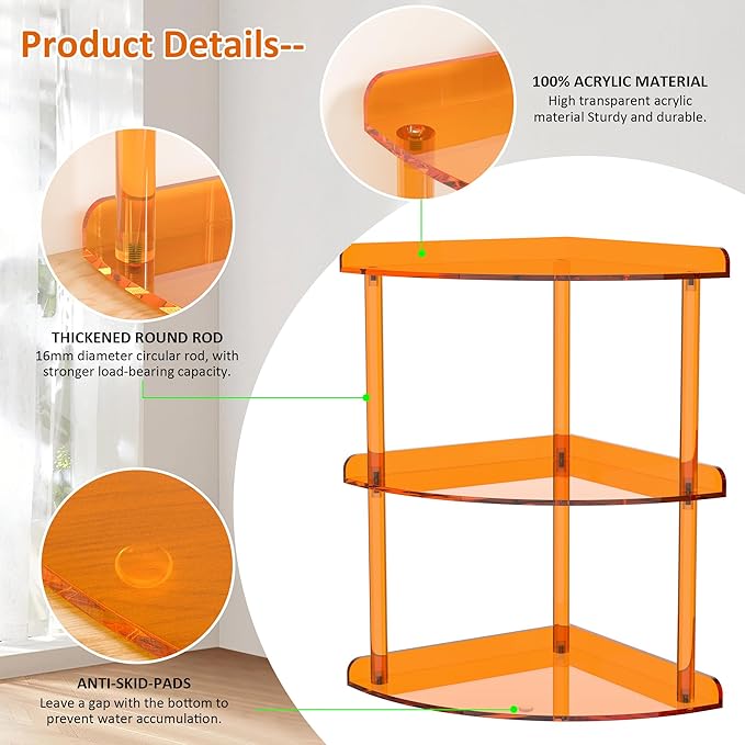 3 Tier Acrylic Corner Shelf Organizer Storage 9.5x9.5x15.7 Inch, Orange Countertop Corner Shelf for Bathroom, Kitchen, Bedroom, Office, Study Room-NeatNest