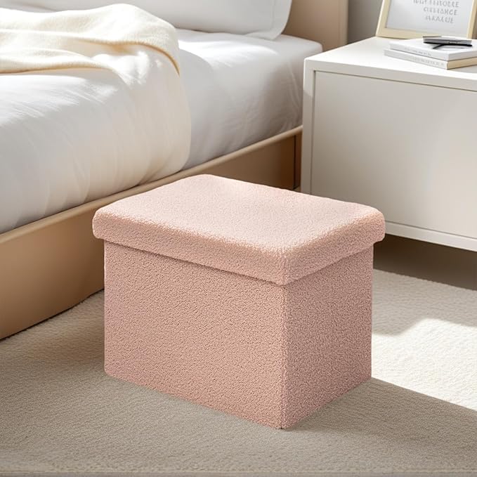 16.5 Folding Storage Ottoman Cube - Small Footrest with Sherpa Top, Multi-Functional Storage for Bedroom, Living Room, Pink