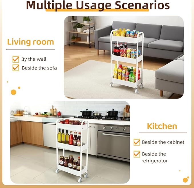 3 Tier Narrow Rolling Storage Cart for Laundry Room Organizer & Kitchen Storage, 7.1'' Wide Slim Storage Cart with Wheels and Lockable Casters for Small Space & Between Washer and Dryer, White