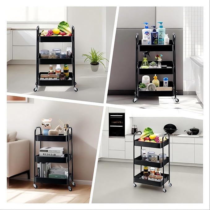 SETTFRFE 3 Tier Rolling Cart Metal,File and Art Cart with Wheels,Storage Shelf Organizer Cart for Bathroom,Office,Kitchen,Black-NeatNest