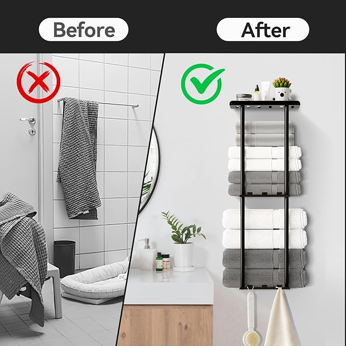 Towel Racks for Bathroom, 3 Tier Metal Towel Holder, with Shelf & 6 Hooks, 29 inch Wall Mounted Towel Storage, 6 Large Bath Towels Capacity,Small Bathroom Towel Rack for Rolled Towels, Black
