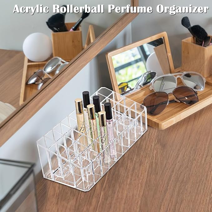 ELLDOO Rollerball Perfume Organizer, 36 Spaces Clear Acrylic Perfume Storage Holder Beauty Scent Holder, Makeup Lipgloss Lipstick Display Case-NeatNest