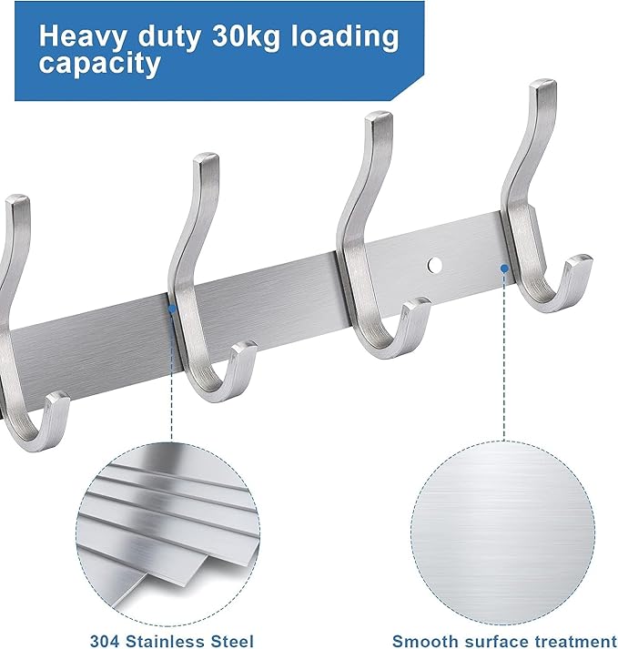 AZW Coat Rack Wall Mount,Heavy Duty Stainless Steel Metal Coat Hooks Hanging for Robes Bags Keys Hat Clothes and Bathroom Door Towels Hanger(Brushed Silver Nickel 6 Hooks-NeatNest