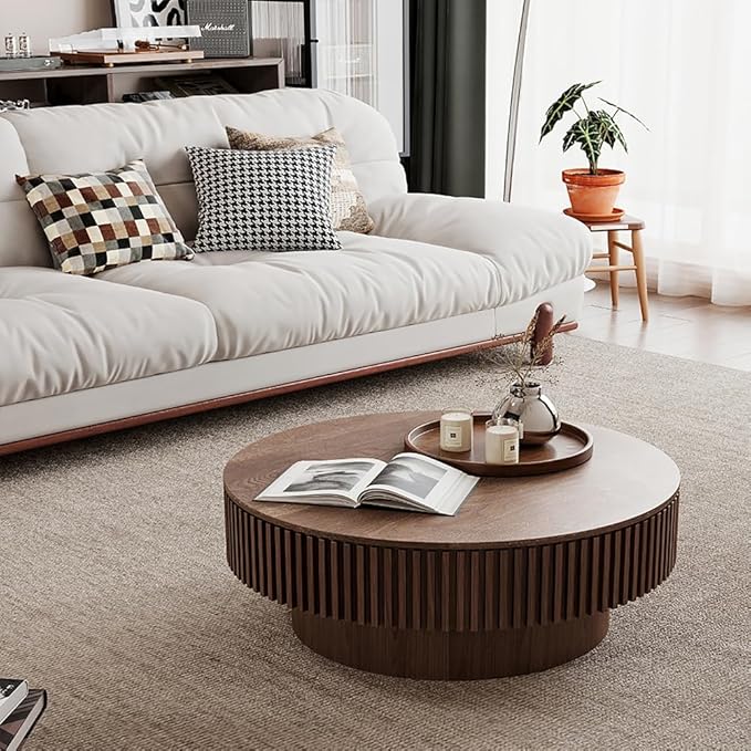 39'' Round Coffee Table with Storage Living Room Modern Wood Coffee Table with Pedestal Circle Center Tables Fluted Accent Tea Table for Apartment, Walnut