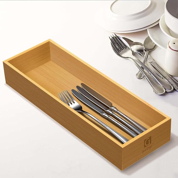 Bamboo Drawer Silverware Organizer, Silverware Tray, Flatware Organizer, Bamboo Storage Box Suitable for Office, Bathroom and other objects storage (14.2"x5"x2"-Set of 2)-NeatNest