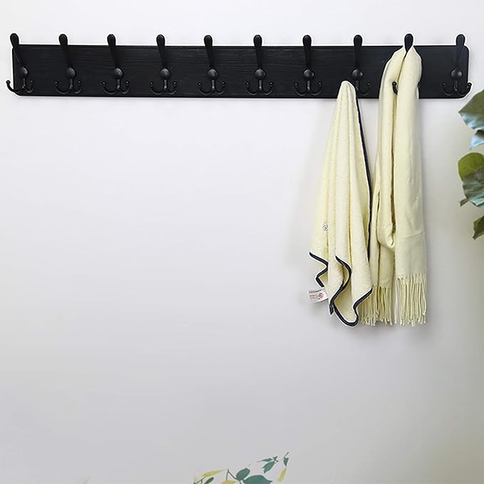 Dseap Coat Rack Wall Mounted - 10 Tri Hooks, 38-1/4" Long, Heavy Duty Wooden Wall Coat Hanger Coat Hook for Clothes Hat Jacket Clothing, Black, Pack of 2