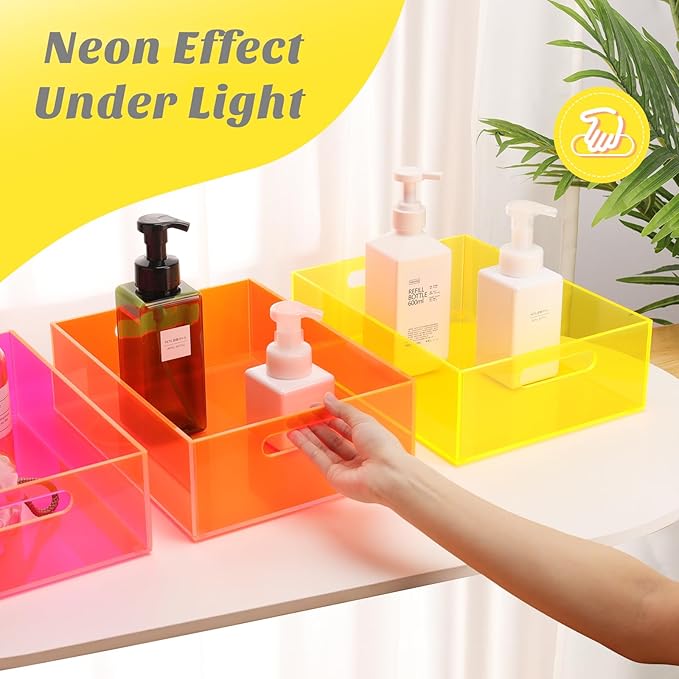 Acrylic Storage Bin Pantry Storage Container with Handles Kitchen Organizer Bin for Cabinet Cupboard Organization, Heavy Duty, 12.6 x 9.4 x 4'', Neon Yellow