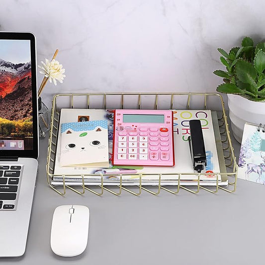 BTSKY Multipurpose A4 File Tray Wire Desk Tray Organizer Elegant Letter Size Desk Documents Tray Magazine Files Storage Basket Organizer Bin for Office Cosmetics Bathroom(Gold)-NeatNest