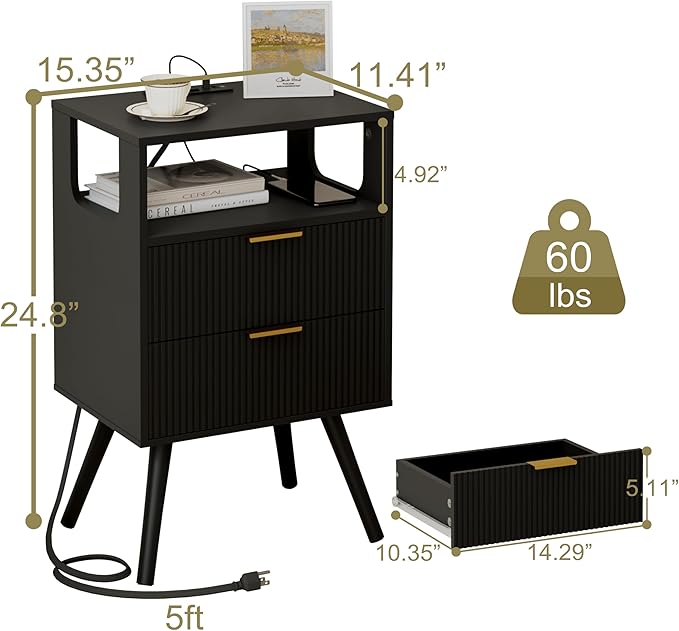Black Nightstand with Charging Station and LED Lights,Modern Bedside Table with 2 Storage Drawer and Open Wood Shelf, for Bedroom and Small Spaces,Night Stand with Solid Wood Legs,Black-NeatNest