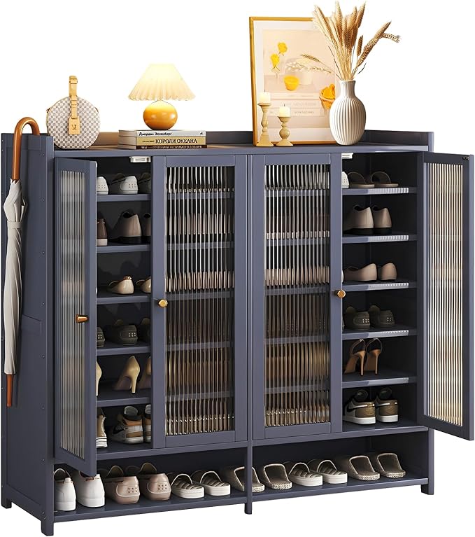Bamboo Shoe Cabinet, 8-Tier Shoe Storage Cabinet with Doors, Freestanding Bamboo Shoe Rack Organizer with Shelves for Entryway, Hallway, Closet, Living Room (Grey-01)