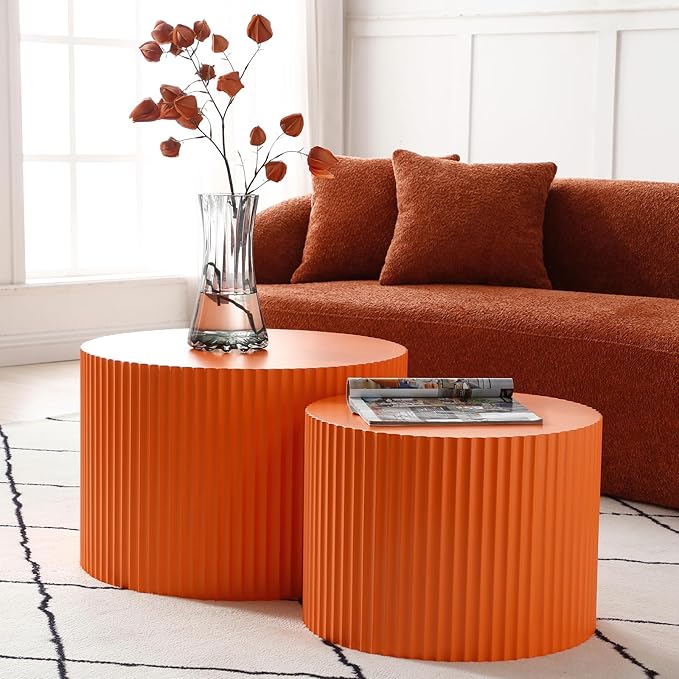 Round Coffee Table Set of 2, Modern Handcraft Nesting Table Wood Side Table Drum Accent End Table Embossed Design Circular Coffee Table Set for Living Room Bedroom, Orange