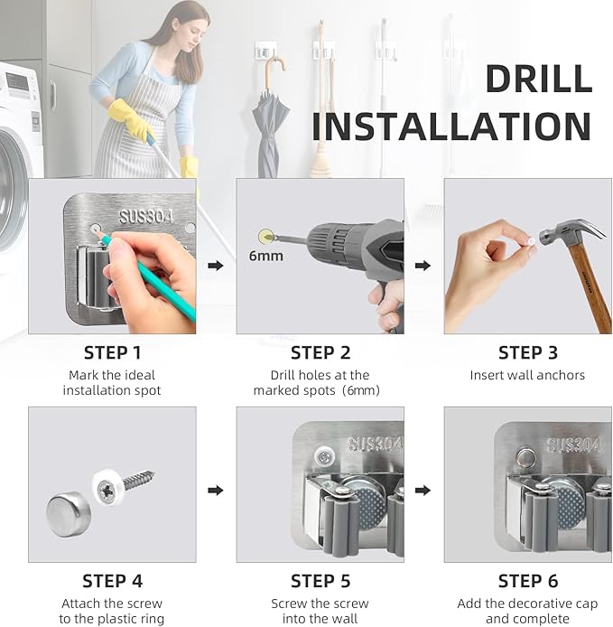 Broom Holder Wall Mount with Screws (4 Pack) Broom and Mop Organizer Wall Hanging, Anti-Slip Mop Holder Broom Hanger with Hooks, Stainless Steel Tool Rack for Garden Garage Organization-NeatNest