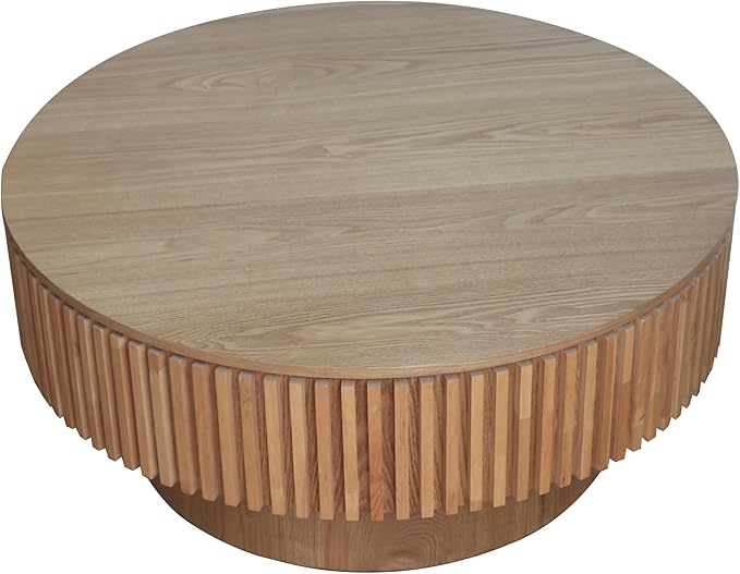 kevinplus 31.5'' Round Coffee Table with Storage Space, Modern Wood Circle Fluted Drum Pedestal Coffee Table for Living Room, Easy Assembly, Oak (ΓΈ31.49'' x 14'')