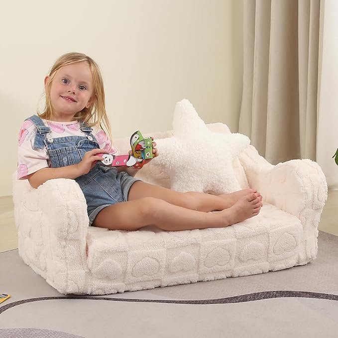 Extra Wider Seating Toddler Couch, 2-in-1 Toddler Soft Couch Fold Out with Star Pillow, Convertible Sofa to Lounger for Girls and Boys, Cream Heart-NeatNest