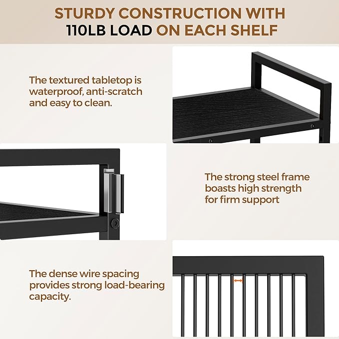 3-Tier Metal Storage Rack with Industrial Wheels,Mesh Shelving Unit with Wooden Table top,Adjustable Shelf,23.6-Inch Width,for Kitchen,Laundry,Pantry,Plant,Black Panel and Black Frame