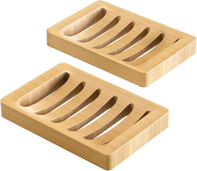 AmazerBath Soap Holder Soap Dish, Bamboo Soap Dish, 2 Pack Wood Bar Soap Holder for Shower, Trays Self Draining, Soap Saver for Shower, Bathroom, Kitchen(Natural Color)-NeatNest