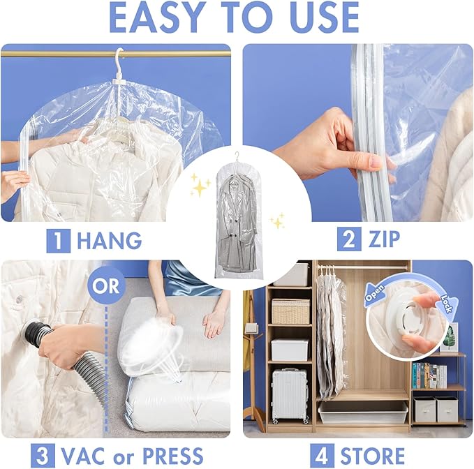 Hanging Vacuum Storage Bags, 4 Pack (41.3 x27.6 inch), Vacuum Seal Bags for Clothing, Garment Storage for Jacket, Suits, Dresses, Closet Oragnization and Storage-NeatNest