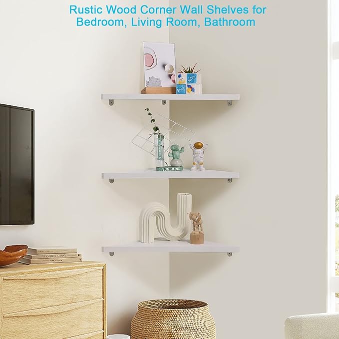Joiishom Corner Wall Shelf Set of 3, Floating Corner Shelves, Rustic Wood Wall Storage Display Shelves for Living Room Bedroom Bathroom Kitchen (White)-NeatNest