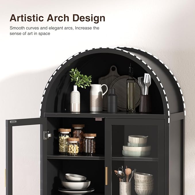 Arched Cabinet with Glass Doors, Fluted Tall Pantry with Solid Wood Legs, 71" Modern Accent Cabinet for Living Room, Kitchen, Dining Room, Entryway, Black
