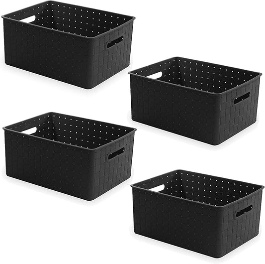 BINO Plastic Basket, Medium - Black, 4 Pack, The Stable Collection, Multi-Use Storage Basket, Rectangular Cabinet Organizer, Home & Office Storage Organizer, Baskets for Bathroom Organizing-NeatNest