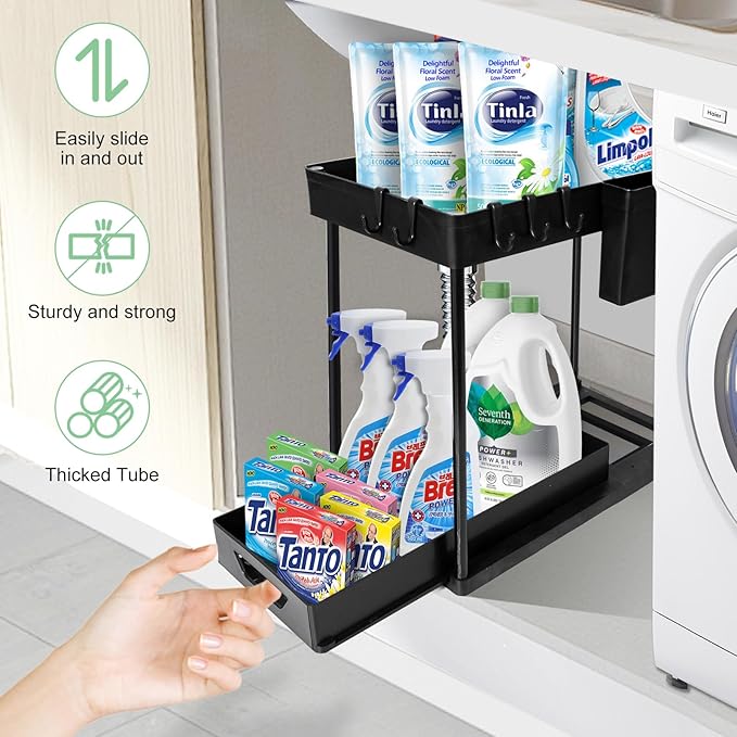 Under Sink Organizers Rack, 2 Tier Under Kitchen Organizer with Sliding Basket and Hooks, Multi-Purpose Bathroom Cabinet Organizers (Black)-NeatNest