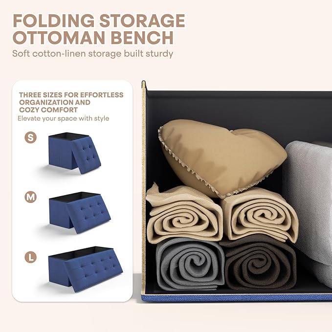 Ottoman Folding Storage Bench, 43x15x15 Inch, Foot Rest Stool for Living Room, Bedroom, Entryway, End of Bed - Multi-Functional Ottoman with Storage Navy Blue