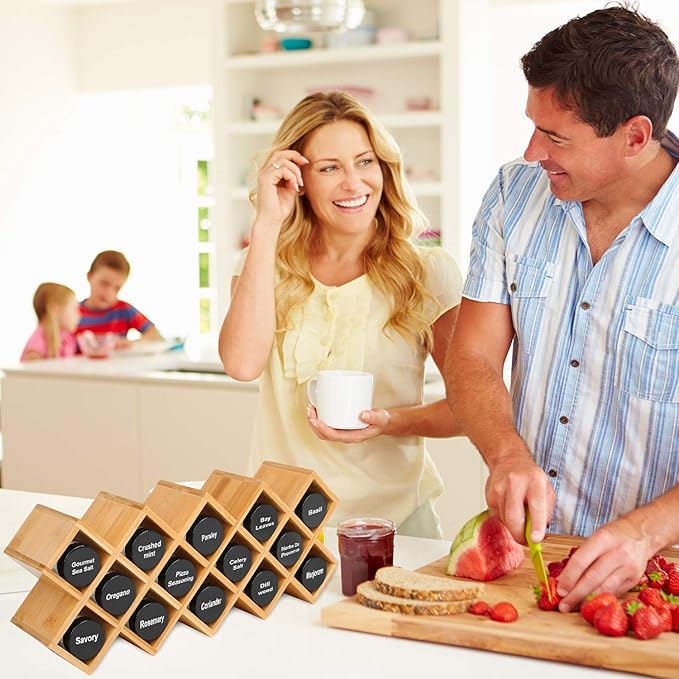 Criss-Cross 18-Jar Bamboo Countertop Spice Rack Organizer, Kitchen Cabinet Cupboard Wall Mount Door Spice Storage, Fit for Round and Square Spice Bottles, Free Standing for Counter, Cabinet or Drawers-NeatNest