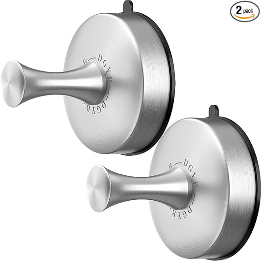 DGYB Suction Cup Hooks for Shower 2-Pcs Heavy-Duty 15LB Max Load, 304 Stainless Steel & PVC, No Drill Bathroom Wall Hooks for Towels, Robe, Loofah (Brush)-NeatNest