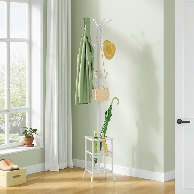 FAVOOSTY Coat Rack Freestanding,Coat Rack Stand with Umbrella Holder,Metal Coat Tree with 12 Hooks,Tree Clothes Hat for Entryway, Hallway, Bedroom, Living Room & Office -White-NeatNest