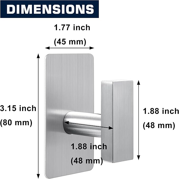 (4-Pack) Adhesive Towel Hooks Stainless Steel, Square Adhesive Wall Hooks for Bathroom Kitchen Hanging Towels, Coats, Clothes (Brushed Nickel)