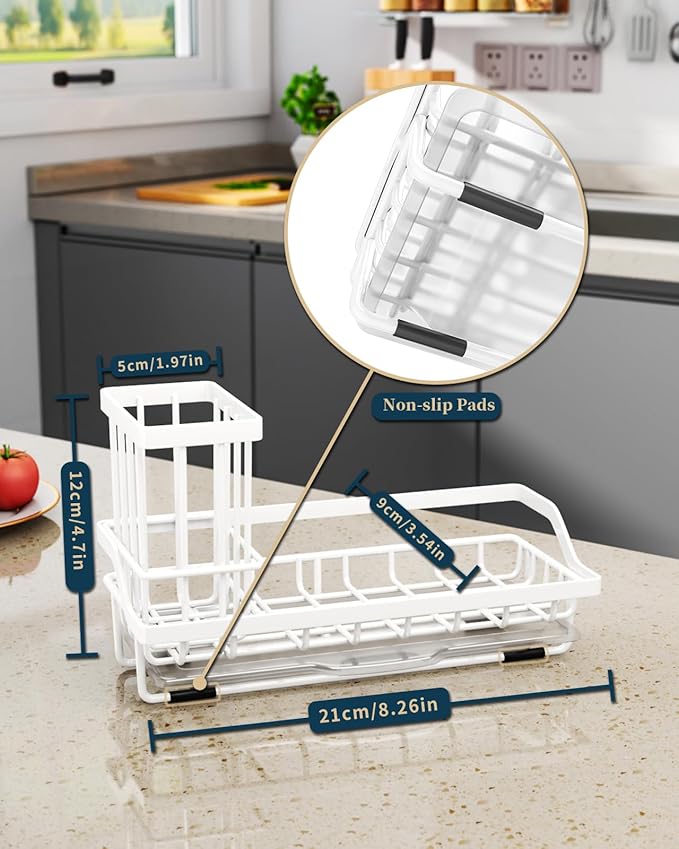 Consumest Sponge Holder for Kitchen Sink - Sink Caddy Organizer with Removable Drip Tray for Countertop Dish Soap Dispenser Brush Storage Kitchen Accessories 304 Stainless Steel, White-NeatNest