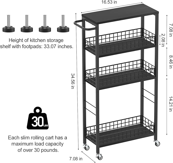 Slim Storage Cart 4 Tier Rolling Kitchen Cart Utility Serving Cart Laundry Room Narrow Cart with Handle Mobile Sheving Unit Organizer Wood Rolling Storage Cart for Bathroom Small Spaces, Modern Black-NeatNest