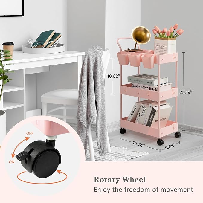 danpinera Slim Storage Cart, 3 Tier Narrow Rolling Cart on Wheels Bathroom Organizer with Dividers Handle Hanging Cups Hooks for Laundry Room Kitchen Small Spaces, Pink