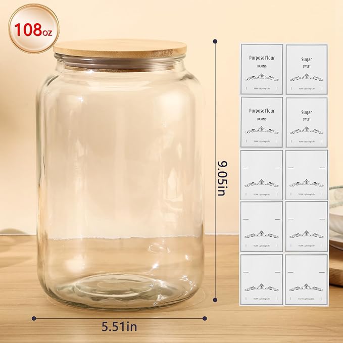 108oz Large Glass Jar With Lid- Glass Jars Kitchen Canisters With Airtight Bamboo Lids- Food Storage Containers For Flour Sugar Cereal, Egg, Cookie-2 Pack