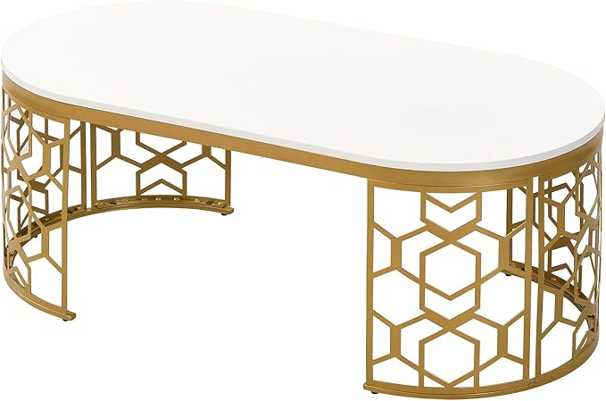 47.2" Modern Oval Coffee Table with Cut-Out Pattern Metal Stainless Steel Frame Multiple End Tables Sofa Table Utility Table for Living Room Office Bedroom Balcony, White & Gold