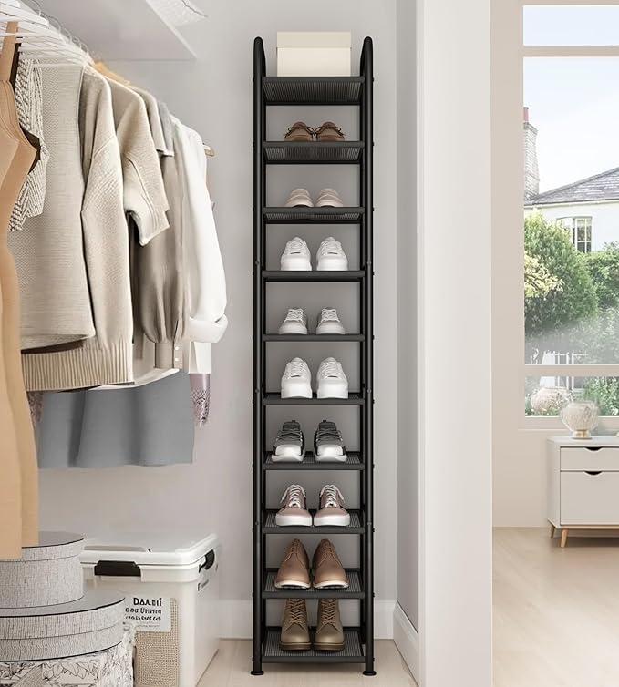 STO STO 10-Tier Narrow Shoe Rack with Sturdy Mesh Shelves, Slim Tall Metal Shoe Organizer for Entryway, Closet, Hallway, Holds 10 Pairs, Vertical Free Standing Shoe Storage Shelf, Black-NeatNest
