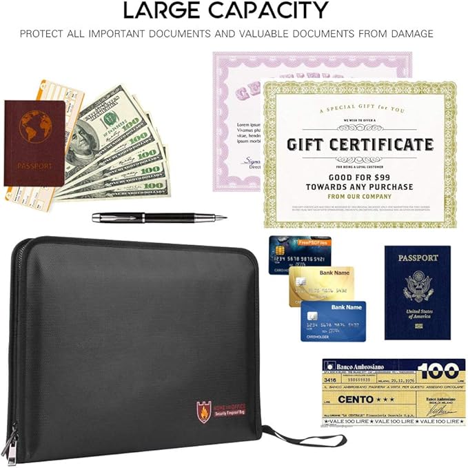 Fireproof Document Bag Fire & Water Resistant File Folder A4 Size 12 Pockets Fireproof Waterproof Safe Document Holder, Non-Itchy Silicone Coated Portable Filing Pouch for Legal Document(Clear)