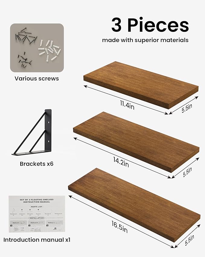 BAYKA Floating Shelves for Wall, Book Shelf for Bedroom, Wall Decor Shelves for Living Room Kitchen, Mounted Wood Floating Shelf for Home Decor, Corner Shelf for Bathroom, Office(Set of 3)-NeatNest