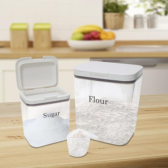 Flour Sugar Storage Containers 2 Pc,Airtight Food Containers Storage with One-Press Lid,BPA Free Pantry Organizers Storing with Scoop and Ceasuring Cups for Kitchen,Cereal,Rice,Pasta,Baking Supplies