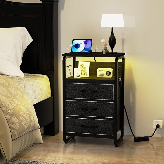 Tall Nightstand Set of 2 with Charging Station, Bed Side Tables Bedroom Set of 2, Black Night Stand Set 2, Bedside Table with 3 Fabric Drawers, Night End Table with Storage for Bedroom, Dorm
