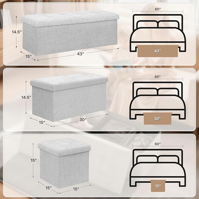 Ottoman Folding Storage Bench, 43x15x15 Inch, Foot Rest Stool for Living Room, Bedroom, Entryway, End of Bed - Multi-Functional Ottoman with Storage Light Gray