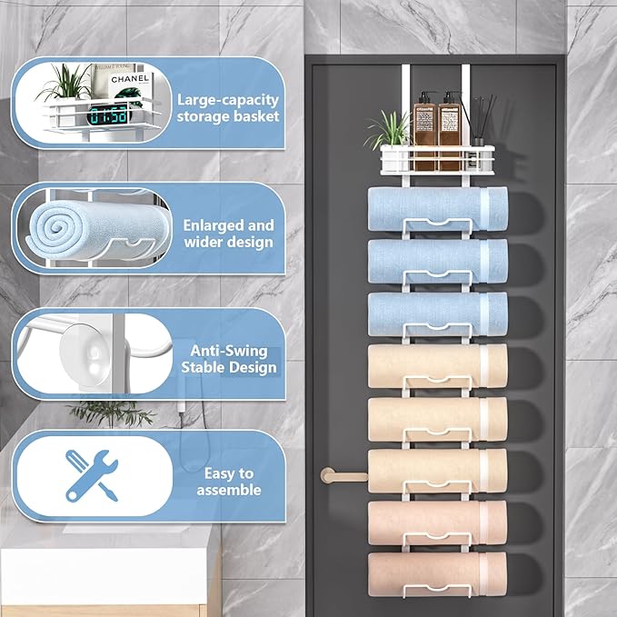 9-Tier Over The Door Towel Rack,Towel Racks for Bathroom, Metal Towel Holder with Storage Basket,Towel Rack for Rolled Towels,Bathroom Shelves,White