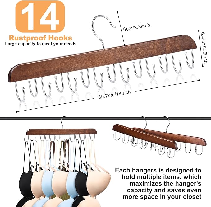 Bra and Tank Top Closet Organizer Hangers, 2-Pack with 14 Hooks, Foldable Wooden Space-Saving Hanger, 360° Rotating Closet Organizer for Bras, Tank Tops, Scarves, and More (Brown)-NeatNest