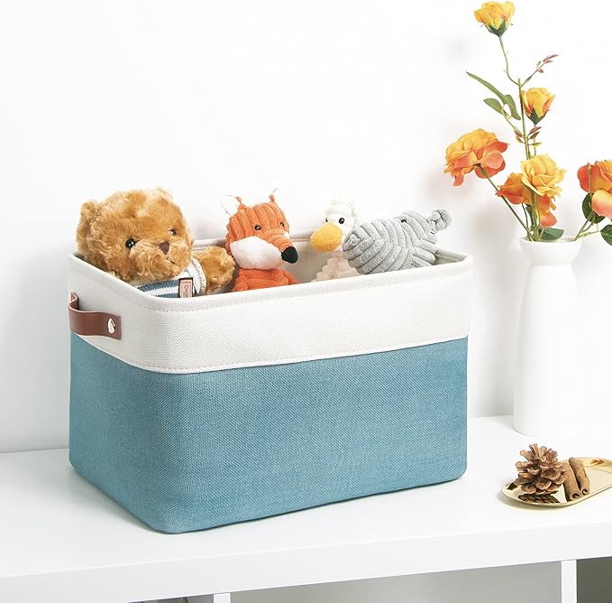 DULLEMELO Fabric Storage Basket for Shelves/Closets, Collapsible Rectangle Basket for Organizing Clothes, Toys, Towels, Books, Laundry, Nursery, Dog Toy Basket Empty (White&Teal)-NeatNest